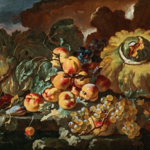 GIOVANNI PAOLO CASTELLI - SPADINO Natura morta di frutta con pesche, mele,  prugne, ciliegie e zucca in un esterno