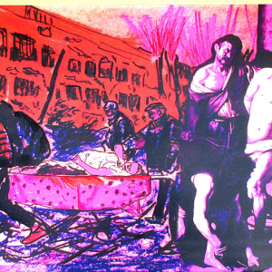 CARLO CARLI: "MARIUPOL" , 2022, tecnica mista ( grafica, digitale, gessetti) su tela, cm 80 x 120. Citazione della "Flagellazione di Cristo" di Caravaggio