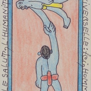 Frédéric Bruly Bouabrè, Ici, hommes bleu, dalla serie Par le salut, l’humanité célèbre la parenté universelle, 2008, tecnica mista su cartoncino, cm. 11x15.