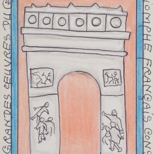 Frédéric Bruly Bouabrè, L'Arc de Triomphe français construit par les hommes, dalla serie Le grandes ceuvres du genie humain, 2012, tecnica mista su cartoncino, cm. 15x11.