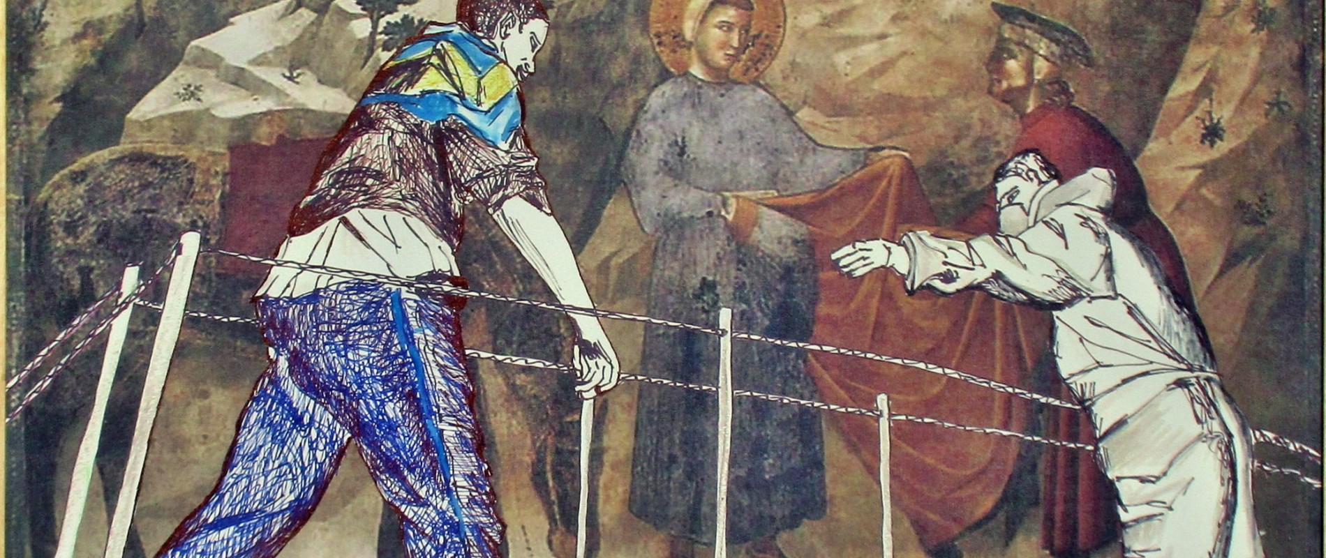 CARLO CARLI - Solidarietà tra diversi/L'accoglienza, 2019. Tecnica mista ( grafica, digitale) su tela, Citazione dell’affresco di Giotto nella Basilica superiore di Assisi: San Francesco dona il mantello a un povero. Camaiore, Museo d’arte sacra