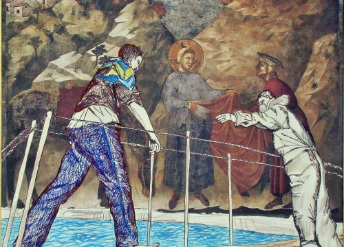 CARLO CARLI - Solidarietà tra diversi/L'accoglienza, 2019. Tecnica mista ( grafica, digitale) su tela, Citazione dell’affresco di Giotto nella Basilica superiore di Assisi: San Francesco dona il mantello a un povero. Camaiore, Museo d’arte sacra